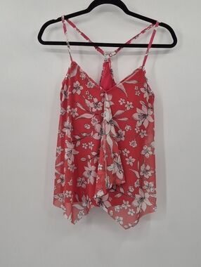 Beach House Womens Sz 8 Mesh Tankini Swim Top  Coral And White Floral Drapey